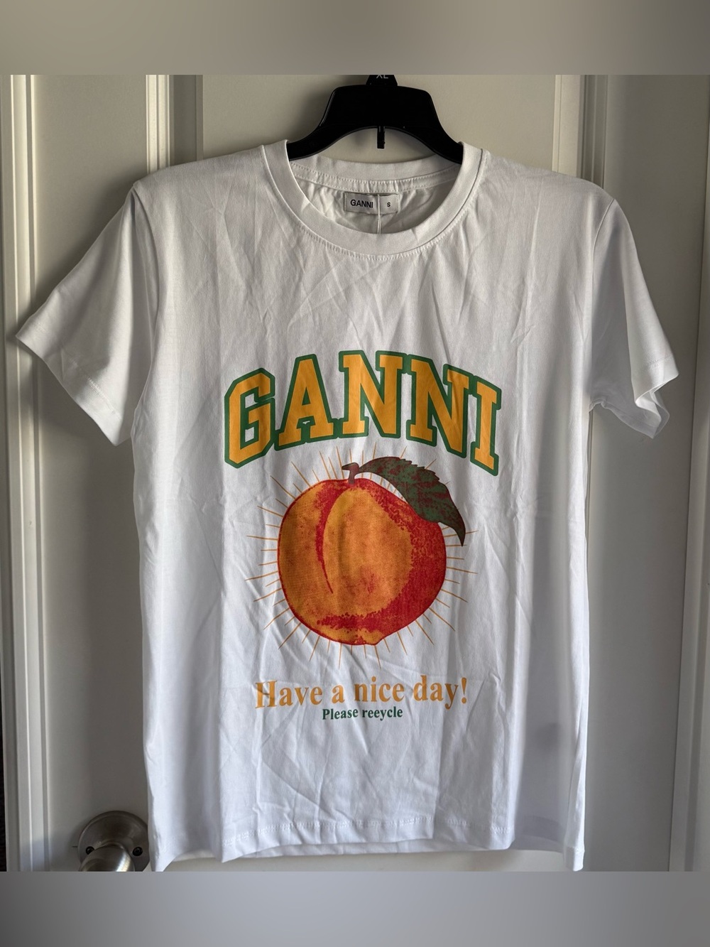 Ganni White Tee with Peach Graphic and Green-Yellow Logo
